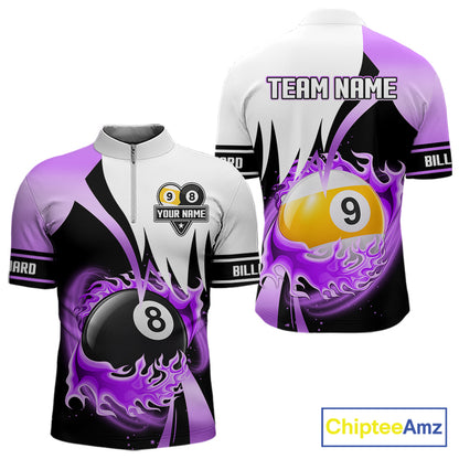 Custom Flame 8 Ball & 9 Ball Billiard Shirt For Men, Pool Team Jersey Polo & Quarter Zip |Purple TDM6541
