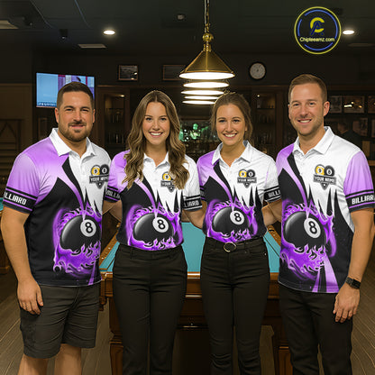 Custom Flame 8 Ball & 9 Ball Billiard Shirt For Women, Pool Team Jersey Polo & Quarter Zip |Purple TDM6541