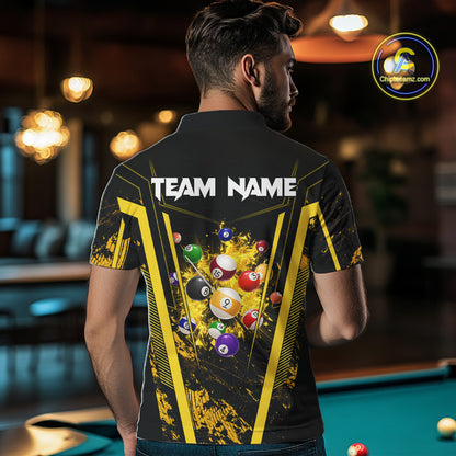 Man Wearing Yellow and Black Grunge 9 Ball Custom Pool Team Jersey Featuring the Complete Rear Graphic Design, Back View