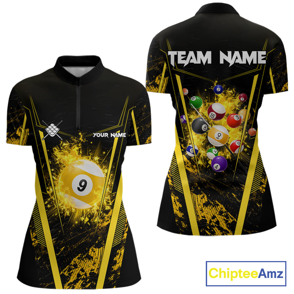 Yellow and Black Grunge 9 Ball Quarter Zip Billiard Shirt with Custom Women's Pool League Team Design and Athletic Performance