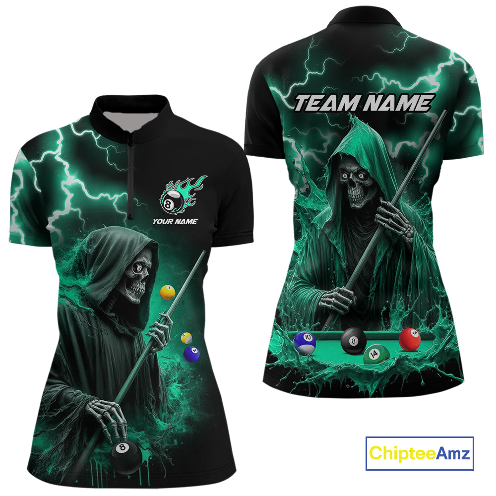 Turquoise Grim Reaper Billiard Shirts For Women Custom Thunder Lightning Team League Billiard Jersey TDM4601