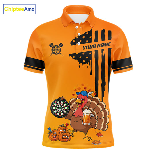 Custom Orange Funny Drunk Turkey US Flag Darts Jerseys For Men, Thanksgiving Darts Team Shirts TDM7279