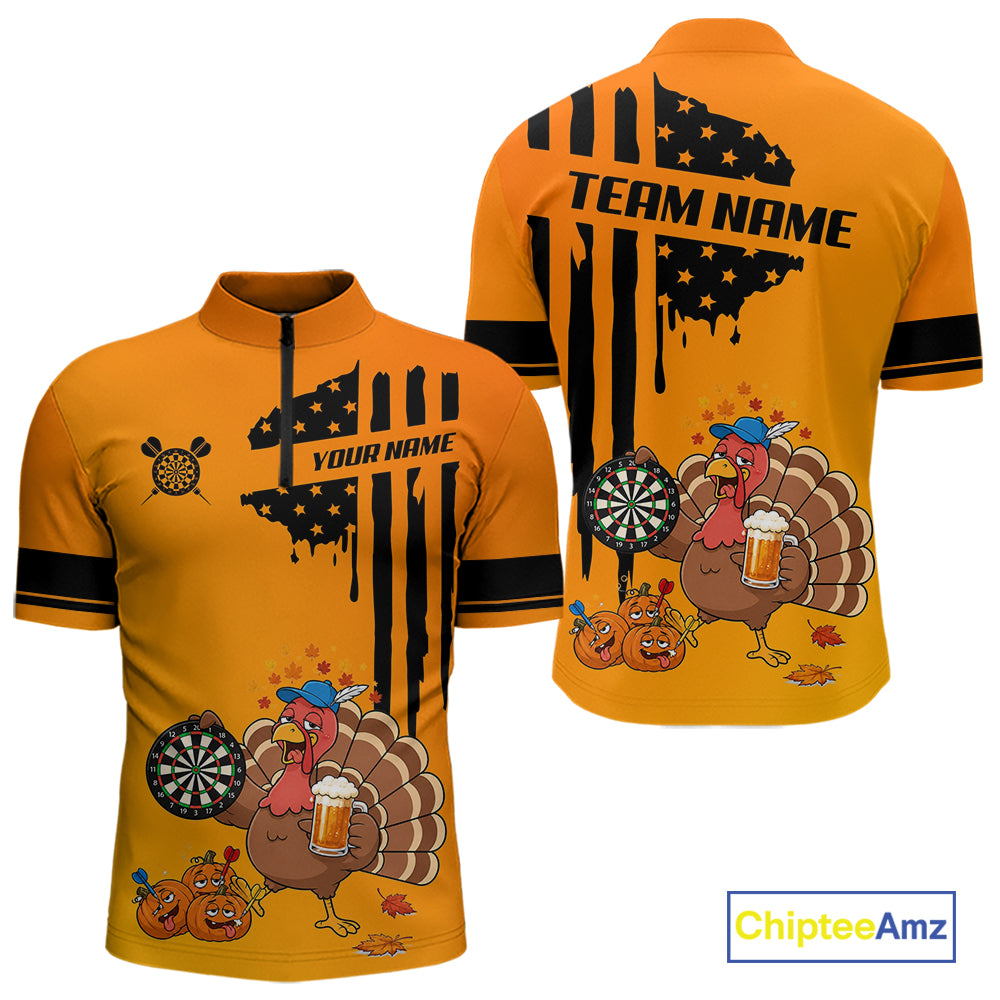 Custom Orange Funny Drunk Turkey US Flag Darts Jerseys For Men, Thanksgiving Darts Team Shirts TDM7279