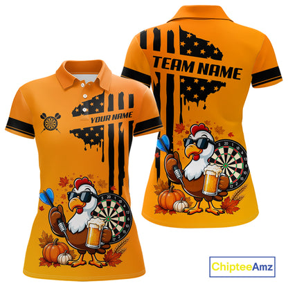 Custom Orange Funny Turkey Beer US Flag Darts Jerseys For Women, Thanksgiving Darts Team Shirts TDM7280