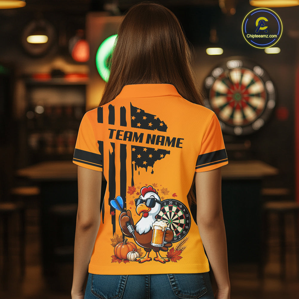 Custom Orange Funny Turkey Beer US Flag Darts Jerseys For Women, Thanksgiving Darts Team Shirts TDM7280