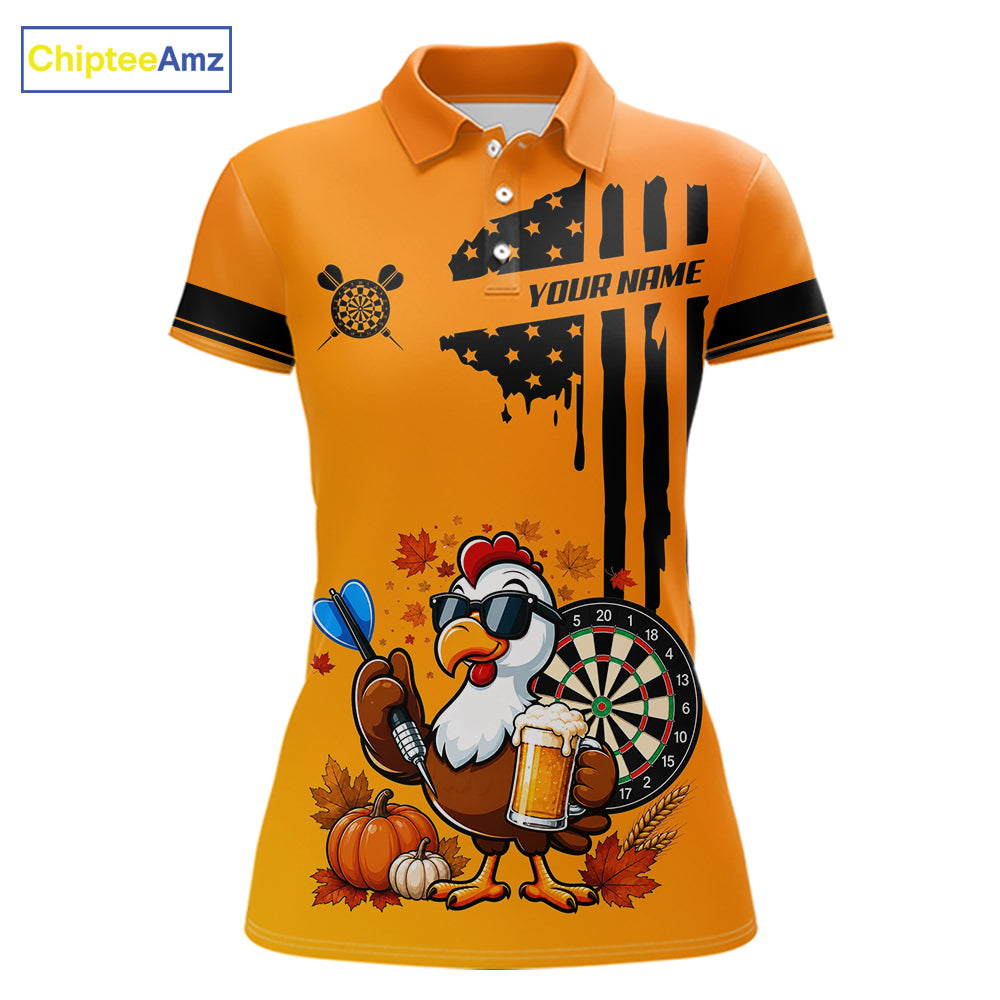 Custom Orange Funny Turkey Beer US Flag Darts Jerseys For Women, Thanksgiving Darts Team Shirts TDM7280