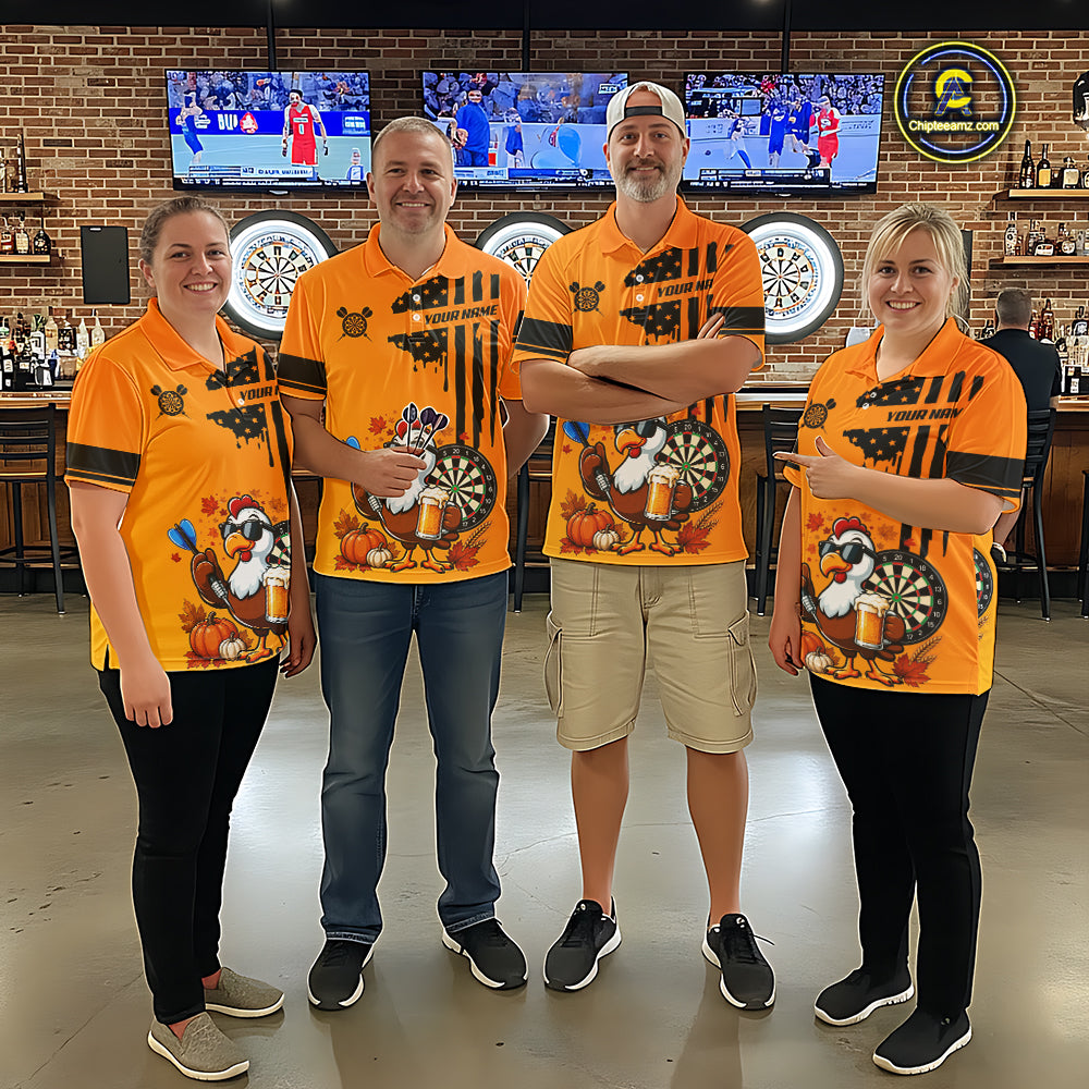 Custom Orange Funny Turkey Beer US Flag Darts Jerseys For Men, Thanksgiving Darts Team Shirts TDM7280