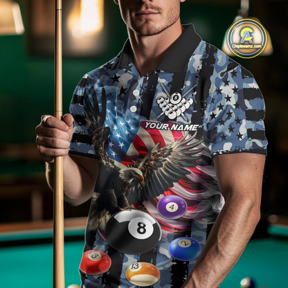 Blue Camo American Flag Eagle 8 Ball Billiard Shirt For Men Custom Patriotic Pool Team Jerseys TDM4809