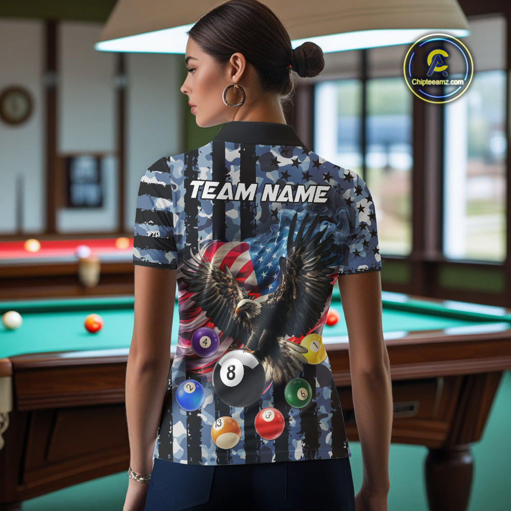 Blue Camo American Flag Eagle 8 Ball Billiard Shirt For Women Custom Patriotic Pool Team Jerseys TDM4809