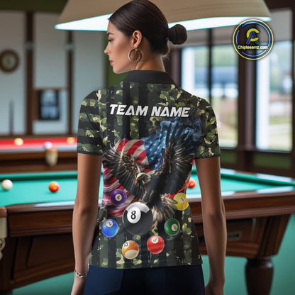 Green Camo American Flag Eagle 8 Ball Billiard Shirt For Women Custom Patriotic Pool Team Jerseys TDM4810