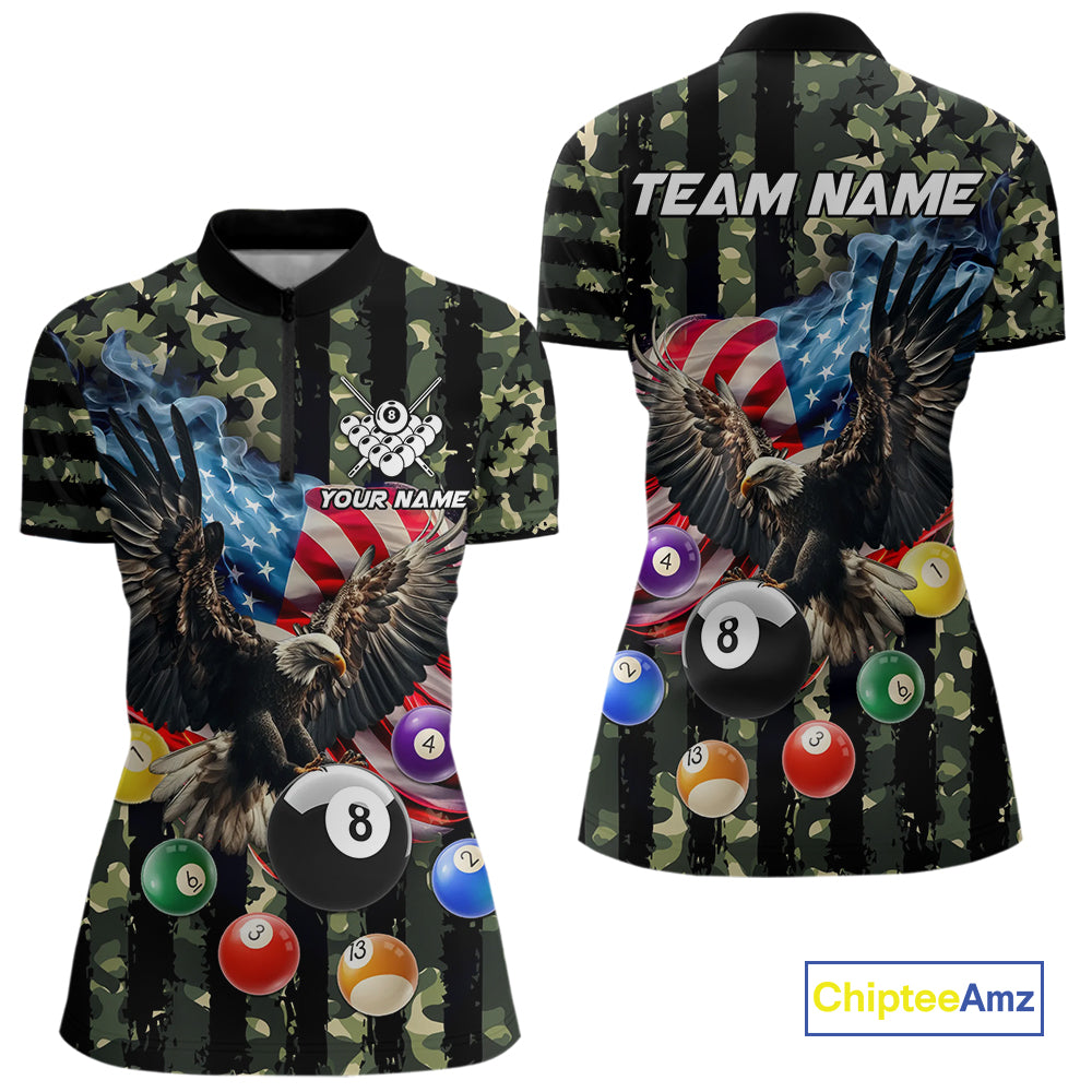 Green Camo American Flag Eagle 8 Ball Billiard Shirt For Women Custom Patriotic Pool Team Jerseys TDM4810