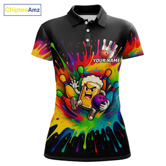 Colorful Bowling Jerseys Funny Beer Bowling Polo, Quarter Zip For Women Custom Bowling Team Shirts TDM7559