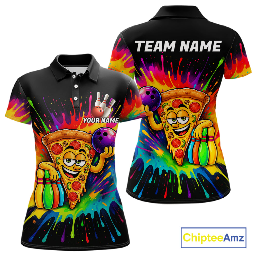 Colorful Bowling Jerseys Funny Pizza Bowling Polo, Quarter Zip For Women Custom Bowling Team Shirts TDM7560