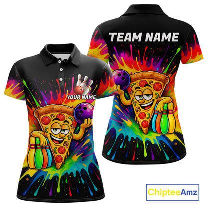 Colorful Bowling Jerseys Funny Pizza Bowling Polo, Quarter Zip For Women Custom Bowling Team Shirts TDM7560