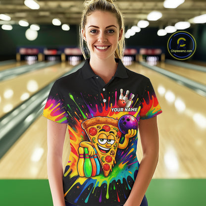 Colorful Bowling Jerseys Funny Pizza Bowling Polo, Quarter Zip For Women Custom Bowling Team Shirts TDM7560