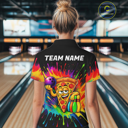 Colorful Bowling Jerseys Funny Pizza Bowling Polo, Quarter Zip For Women Custom Bowling Team Shirts TDM7560