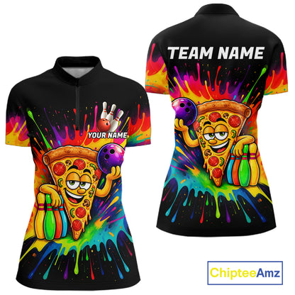Colorful Bowling Jerseys Funny Pizza Bowling Polo, Quarter Zip For Women Custom Bowling Team Shirts TDM7560