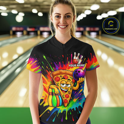 Colorful Bowling Jerseys Funny Pizza Bowling Polo, Quarter Zip For Women Custom Bowling Team Shirts TDM7560