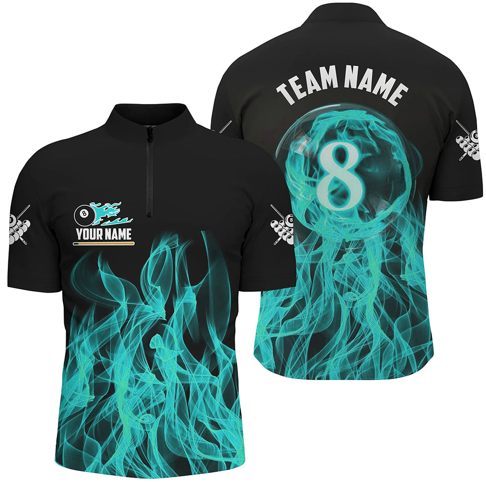 3D Turquoise Flaming 8 Ball Pool Men Billiard Polo & 1/4 Zip Shirt Custom Pool Player Jersey TDM2772