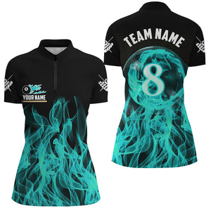 3D Turquoise Flaming 8 Ball Pool Magic Women Billiard Polo & 1/4 Zip Shirt Custom Pool Player Jersey TDM2772