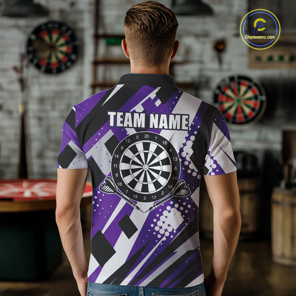 Custom Purple Geometric Darts Polo & Quarter Zip For Men, Darts Team Jersey Outfit TDM5025