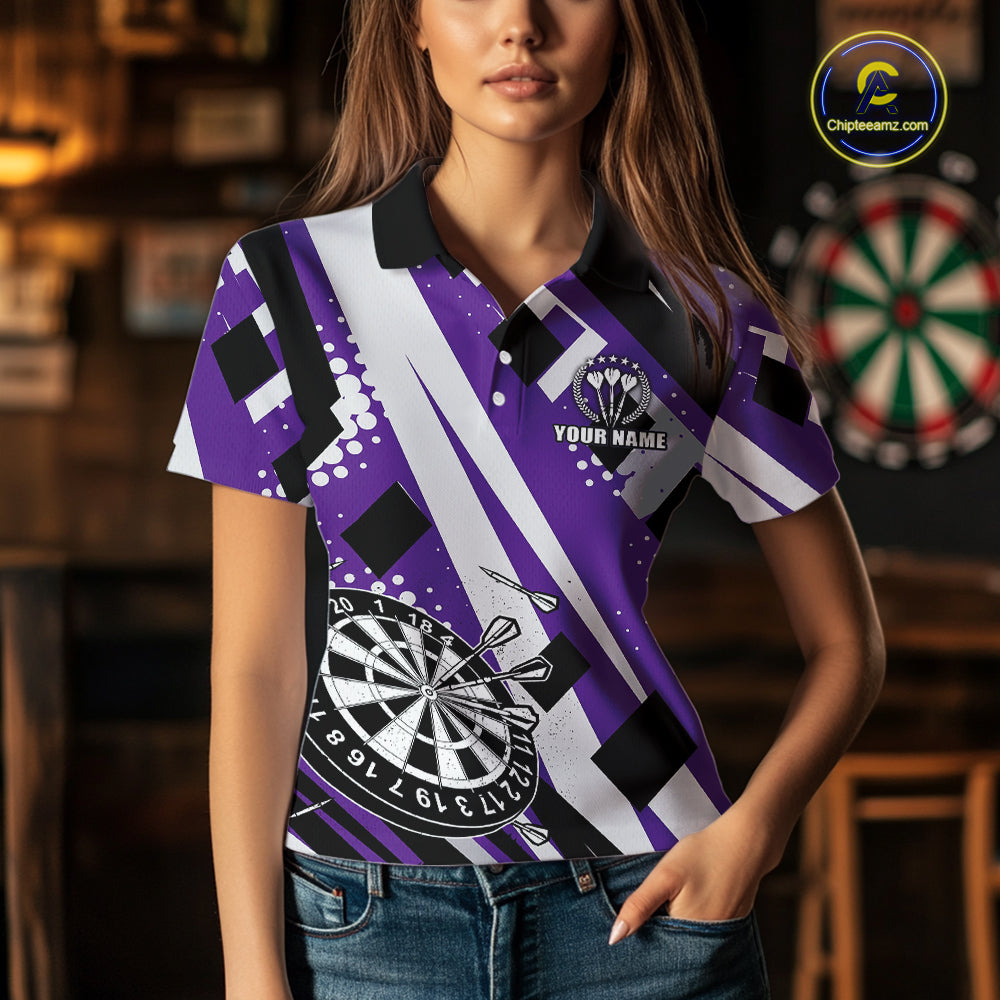 Custom Purple Geometric Darts Polo & Quarter Zip For Women, Darts Team Jersey Outfit TDM5025