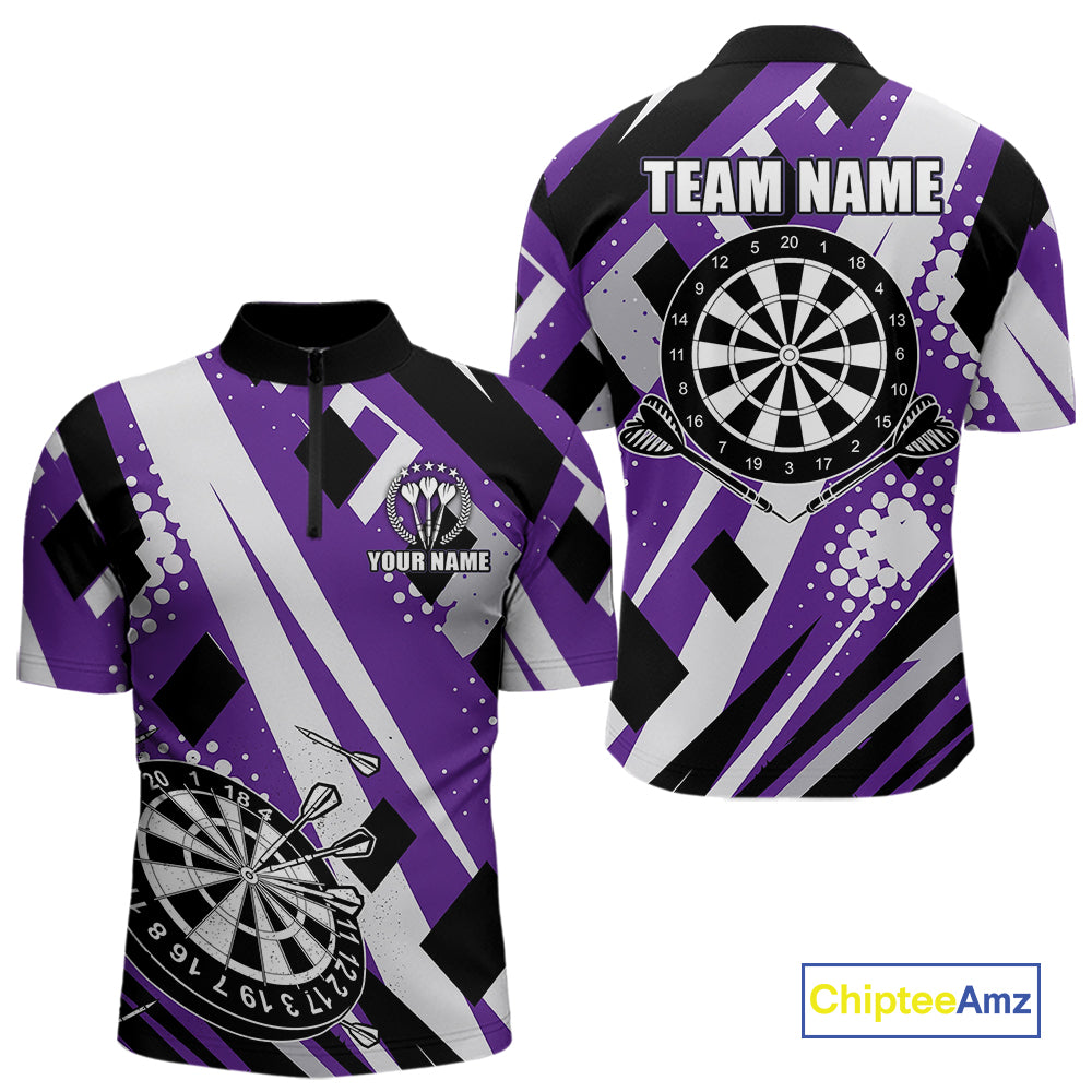 Custom Purple Geometric Darts Polo & Quarter Zip For Men, Darts Team Jersey Outfit TDM5025