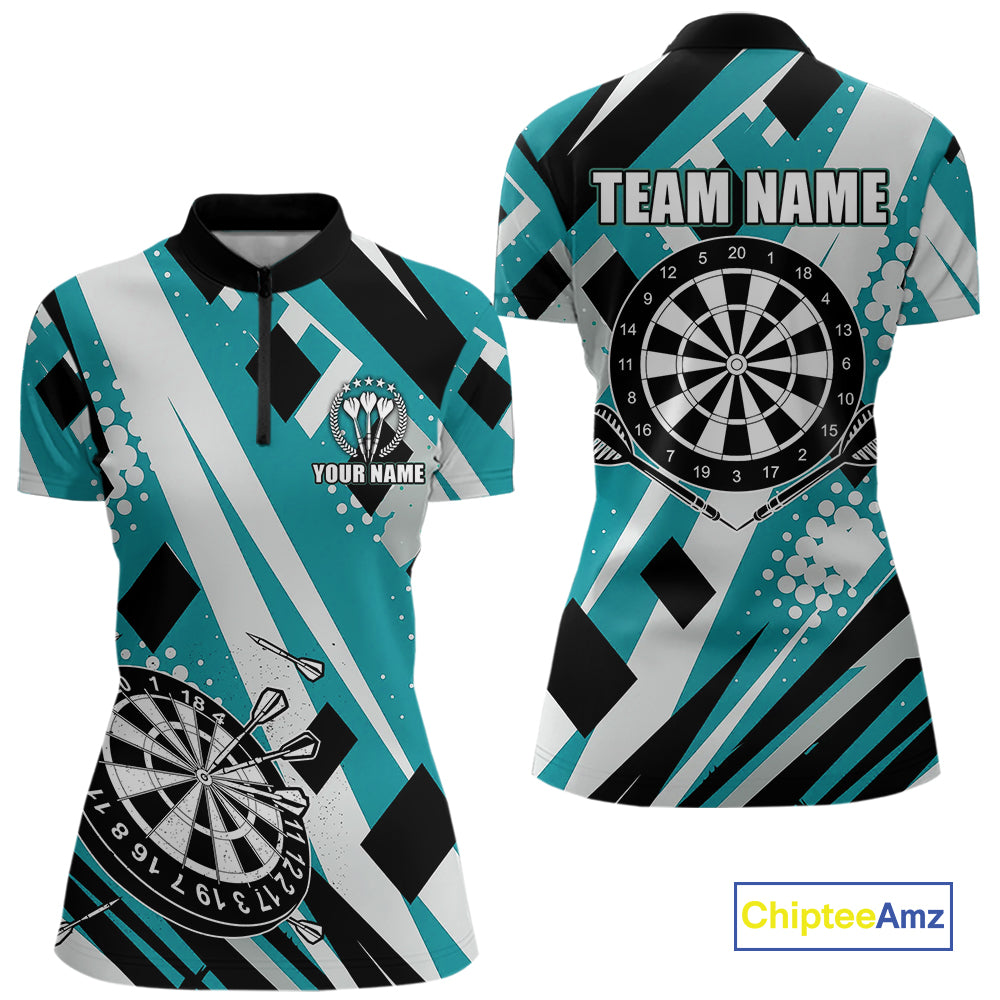 Custom Turquoise Geometric Darts Polo & Quarter Zip For Women, Darts Team Jersey Outfit TDM5027