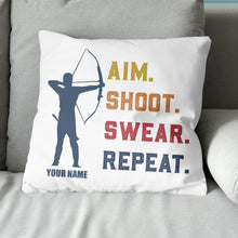 Load image into Gallery viewer, Funny Vintage Archery Aim Shoot Swear Repeat Custom Name White Pillow TDM0755
