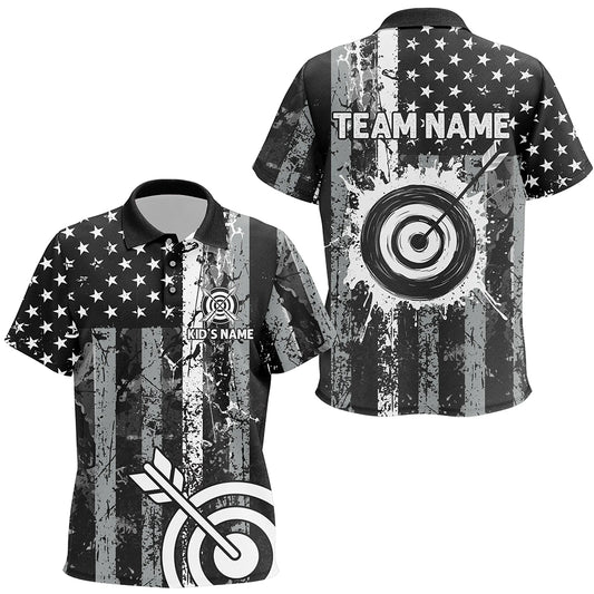 Custom Black Grunge USA Flag Archery Shirts For Kid, Patriotic American Archery Team Jerseys TDM3242