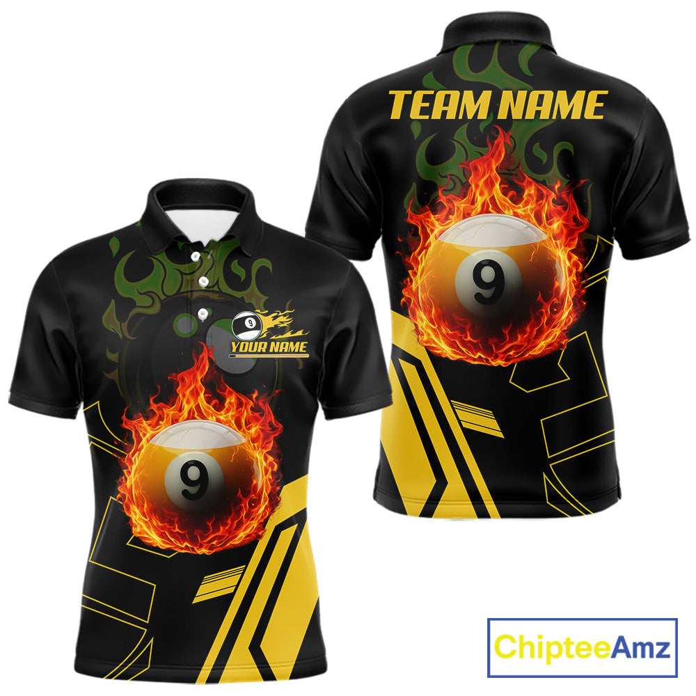 Billiard Flaming 9 Ball Pool 3D Printed Men Polo Shirts, Best Custom Pool Team Jerseys Shirts TDM0945