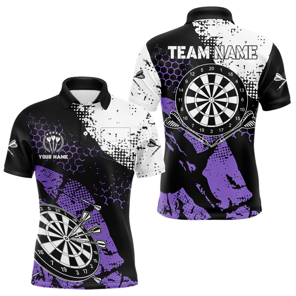 Retro Black Purple Grunge Pattern Darts Polo, Quarter Zip Custom Men Dart Shirt Team Dart Jersey TDM3593