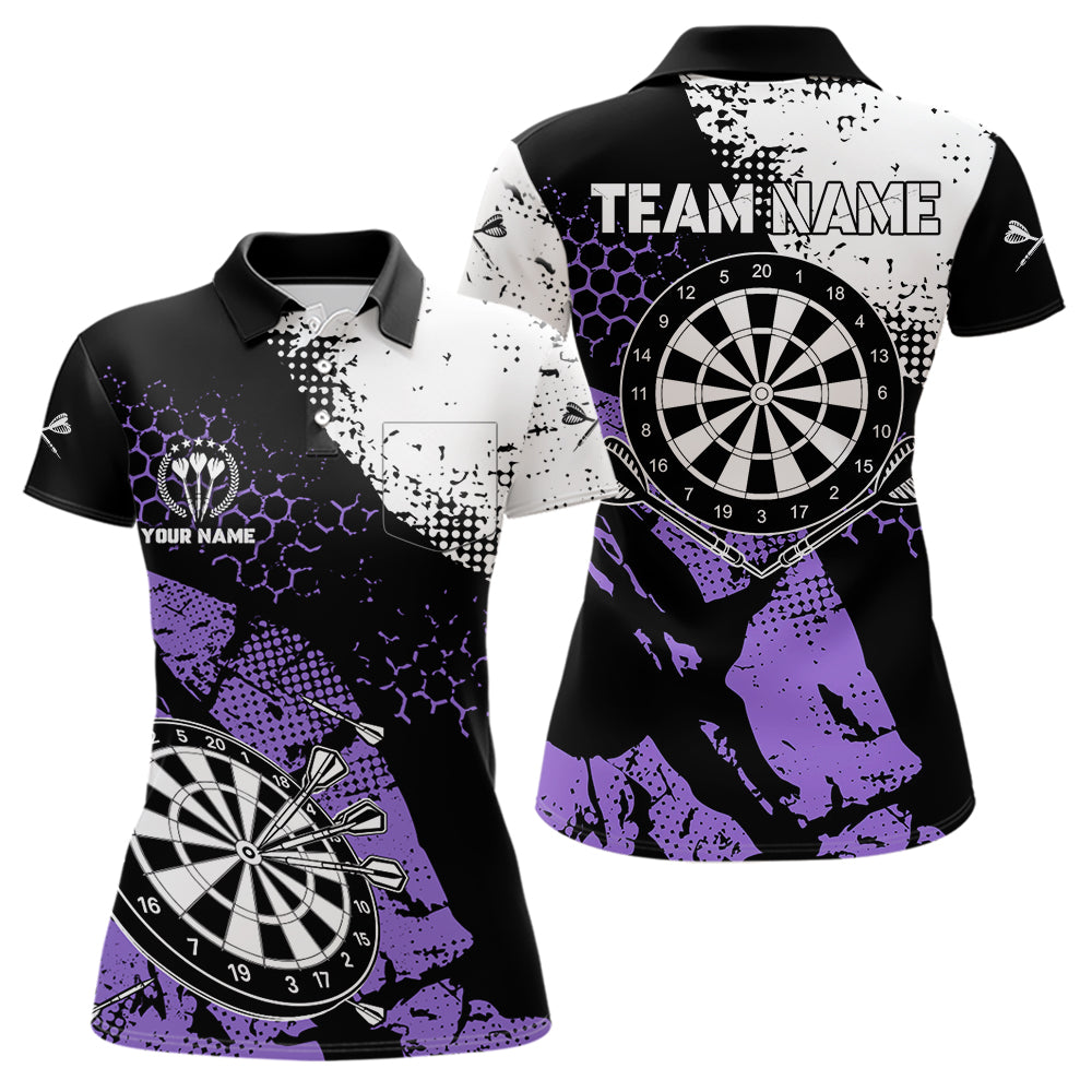 Black Purple Grunge Darts Polo, 1/4 Zip Custom Women Dart Shirt Dart Jersey TDM3593