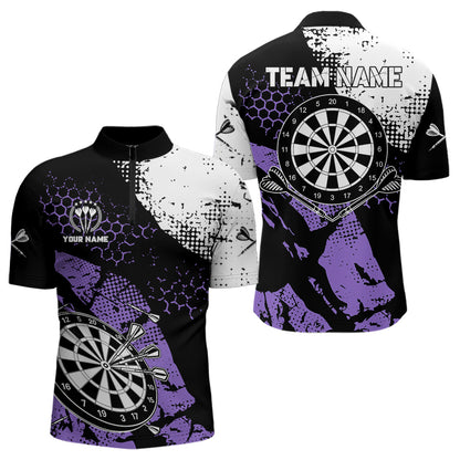 Retro Black Purple Grunge Pattern Darts Polo, Quarter Zip Custom Men Dart Shirt Team Dart Jersey TDM3593