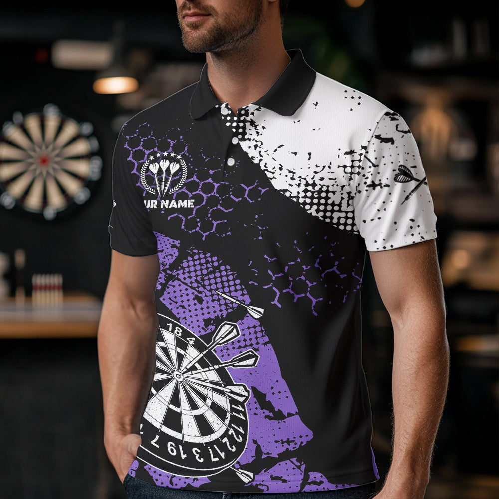 Retro Black Purple Grunge Pattern Darts Polo, Quarter Zip Custom Men Dart Shirt Team Dart Jersey TDM3593