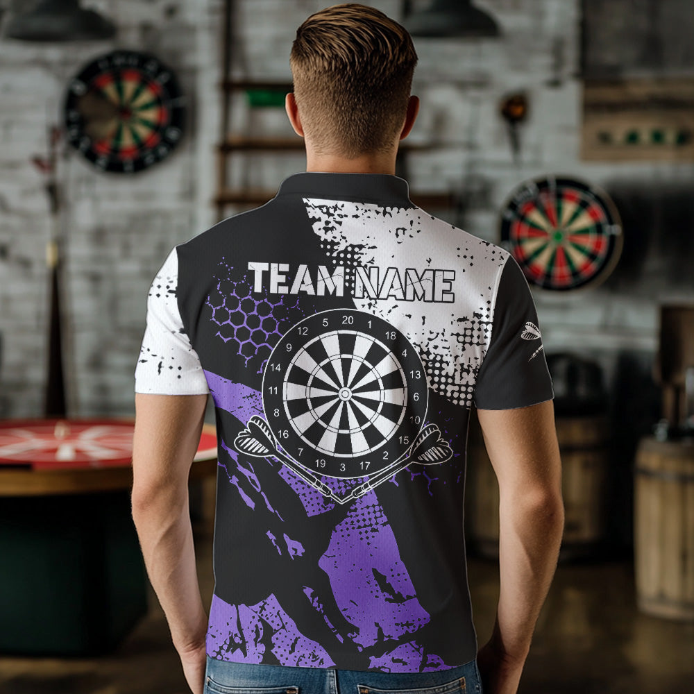 Retro Black Purple Grunge Pattern Darts Polo, Quarter Zip Custom Men Dart Shirt Team Dart Jersey TDM3593
