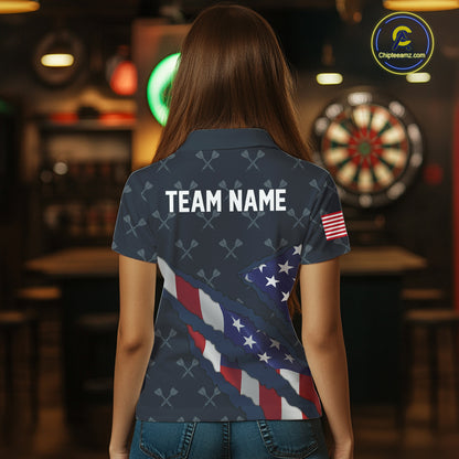 Navy Blue American Flag Darts Shirt For Women Custom Darts Polo & 1/4 Zip, Patriotic Darts Jersey TDM5954