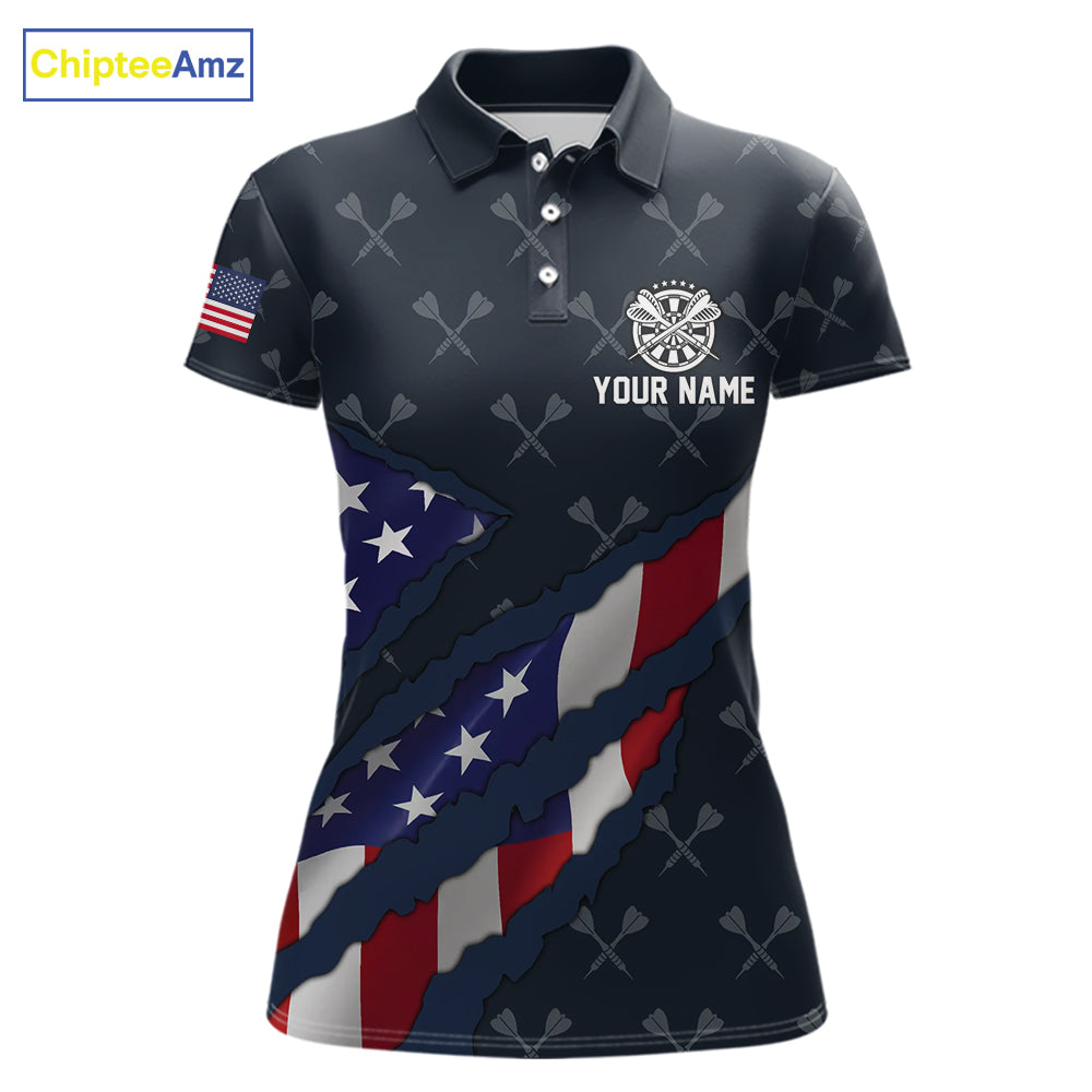 Navy Blue American Flag Darts Shirt For Women Custom Darts Polo & 1/4 Zip, Patriotic Darts Jersey TDM5954