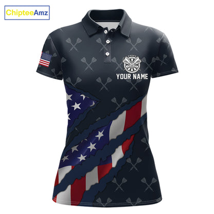 Navy Blue American Flag Darts Shirt For Women Custom Darts Polo & 1/4 Zip, Patriotic Darts Jersey TDM5954