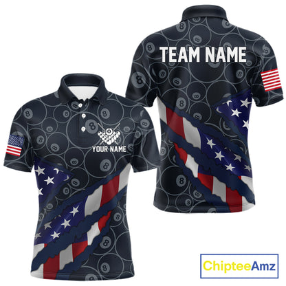 Navy Blue US Flag 8 Ball Billiard Shirt For Men Custom Patriotic Pool Team Jersey Polo & 1/4 Zip TDM5955