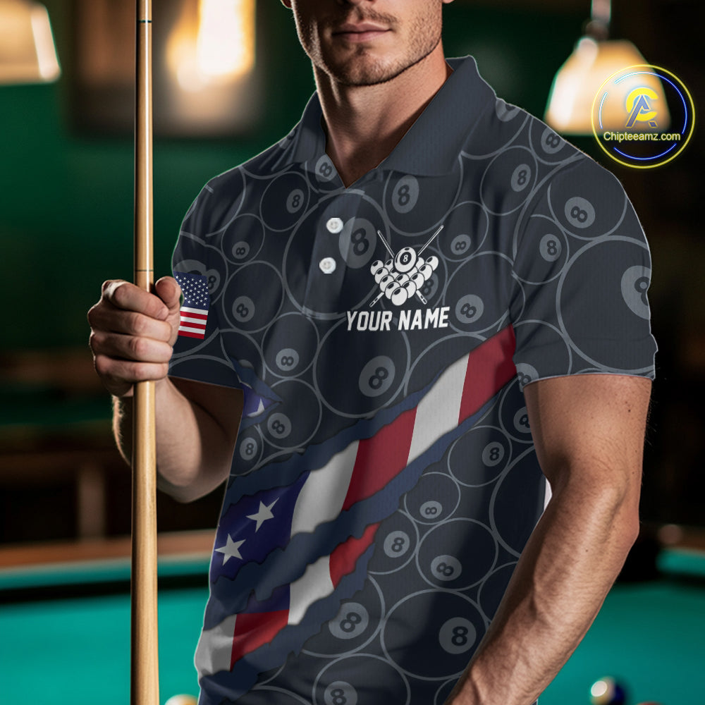 Navy Blue US Flag 8 Ball Billiard Shirt For Men Custom Patriotic Pool Team Jersey Polo & 1/4 Zip TDM5955