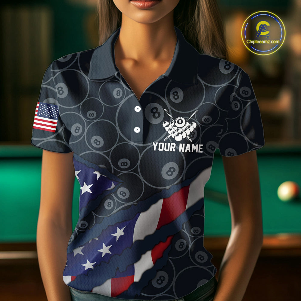 Navy Blue US Flag 8 Ball Billiard Shirt For Women Custom Patriotic Pool Team Jersey Polo & 1/4 Zip TDM5955