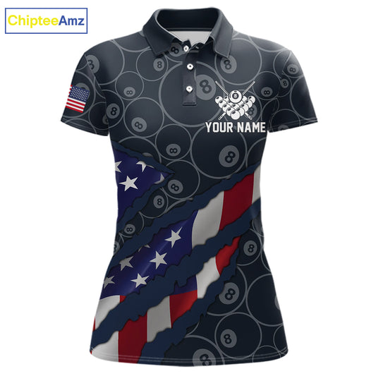 Navy Blue US Flag 8 Ball Billiard Shirt For Women Custom Patriotic Pool Team Jersey Polo & 1/4 Zip TDM5955