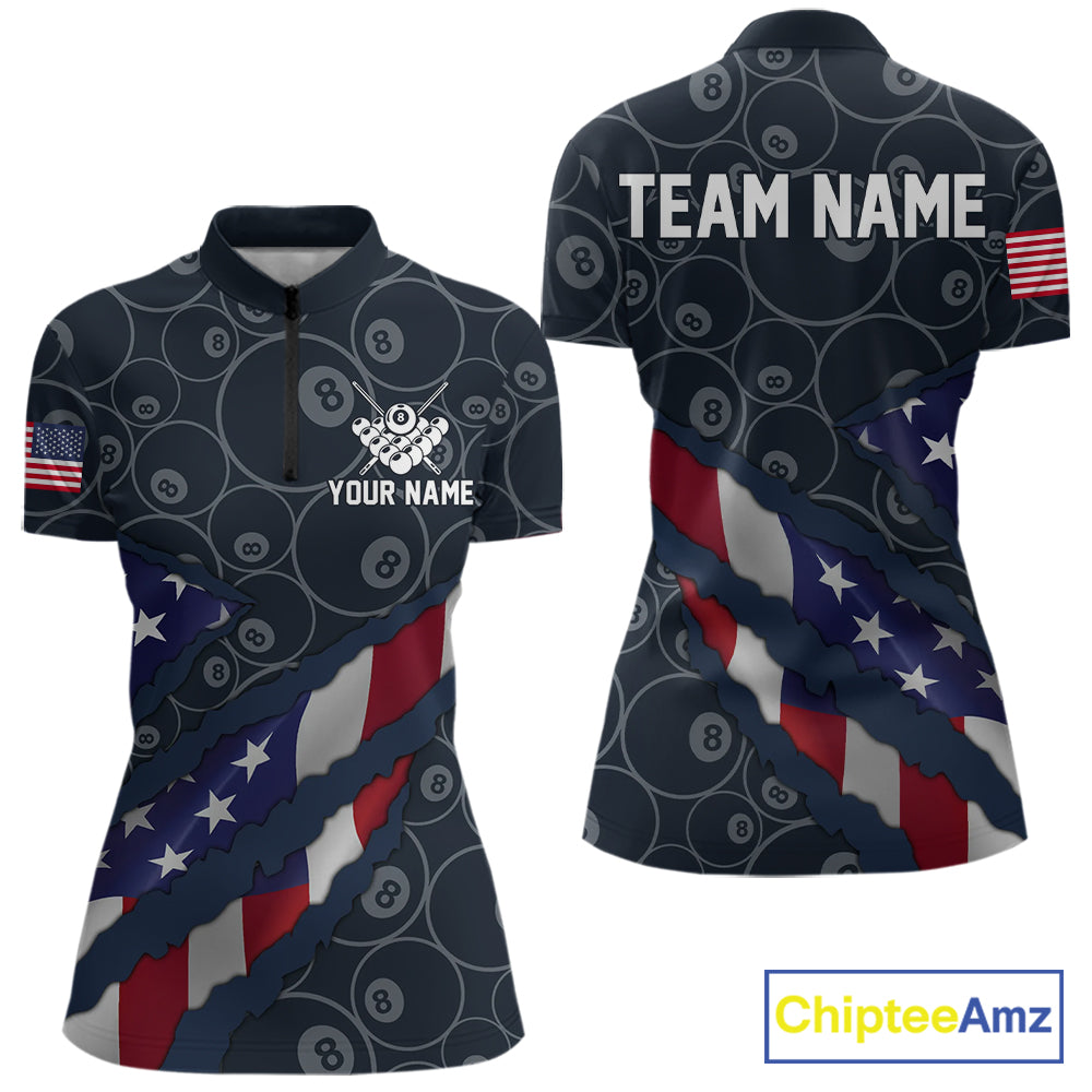 Navy Blue US Flag 8 Ball Billiard Shirt For Women Custom Patriotic Pool Team Jersey Polo & 1/4 Zip TDM5955