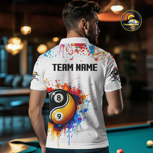 Funny Yin Yang 8 Ball & 9 Ball Colorful Splash Custom Men's Billiard Shirts, Pool Jerseys|White TDM4018