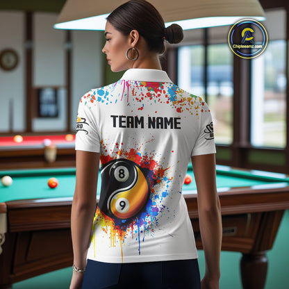 Funny Yin Yang 8 Ball & 9 Ball Colorful Splash Custom Women's Billiard Shirts, Pool Jerseys|White TDM4018