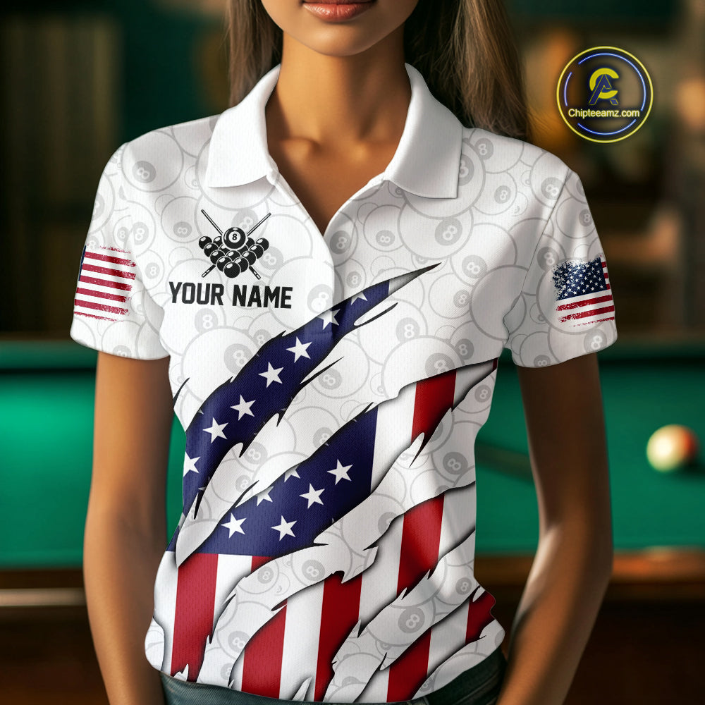 Personalized American Flag Billiard Shirts For Women, Patriotic 8 Ball Pool Team Jersey | White TDM4026