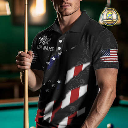 Personalized American Flag Billiard Shirts For Men, Patriotic 8 Ball Pool Team Jersey | Black TDM4027