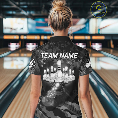 Custom Black And Grey Camo Bowling Shirt For Women, Grunge Bowling Team Jersey Polo & 1/4 Zip TDM6543