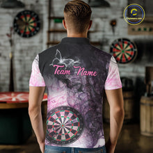 Load image into Gallery viewer, Back view of man wearing a pink butterfly smoke darts shirt.